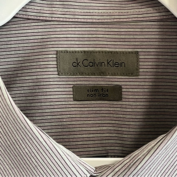CK Calvin Klein Slim Fit Non Iron Button Up Long Sleeve Shirt Purple Gray 17 1/2 - Picture 4 of 9